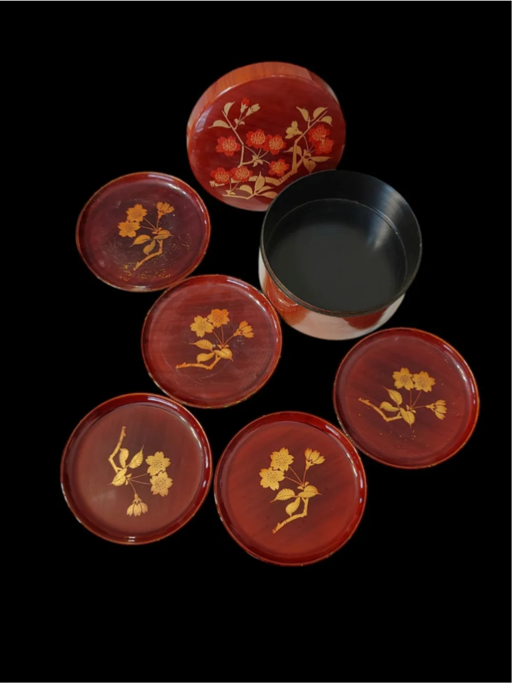 Vintage Japanese Lacquerware 4 Piece Coaster Set In Floral box MCM otagiri?